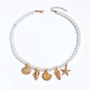 NEW  Ocean Style Alloy Shell Starfish Conch Pendant Necklace Light Luxury .